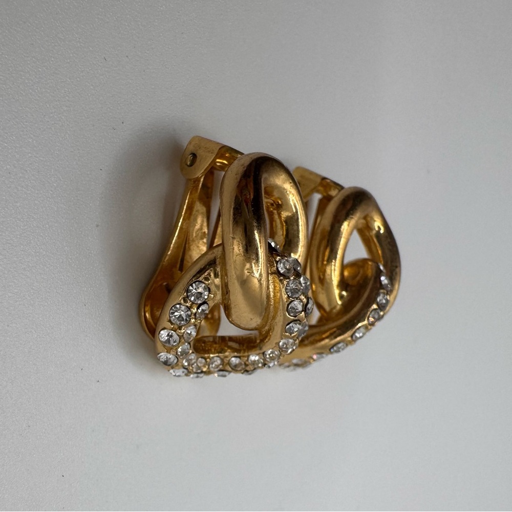 Vintage Signed Christian Dior Gold Tone Rhinestone Link Clip On | Designer - Picture 5 of 10